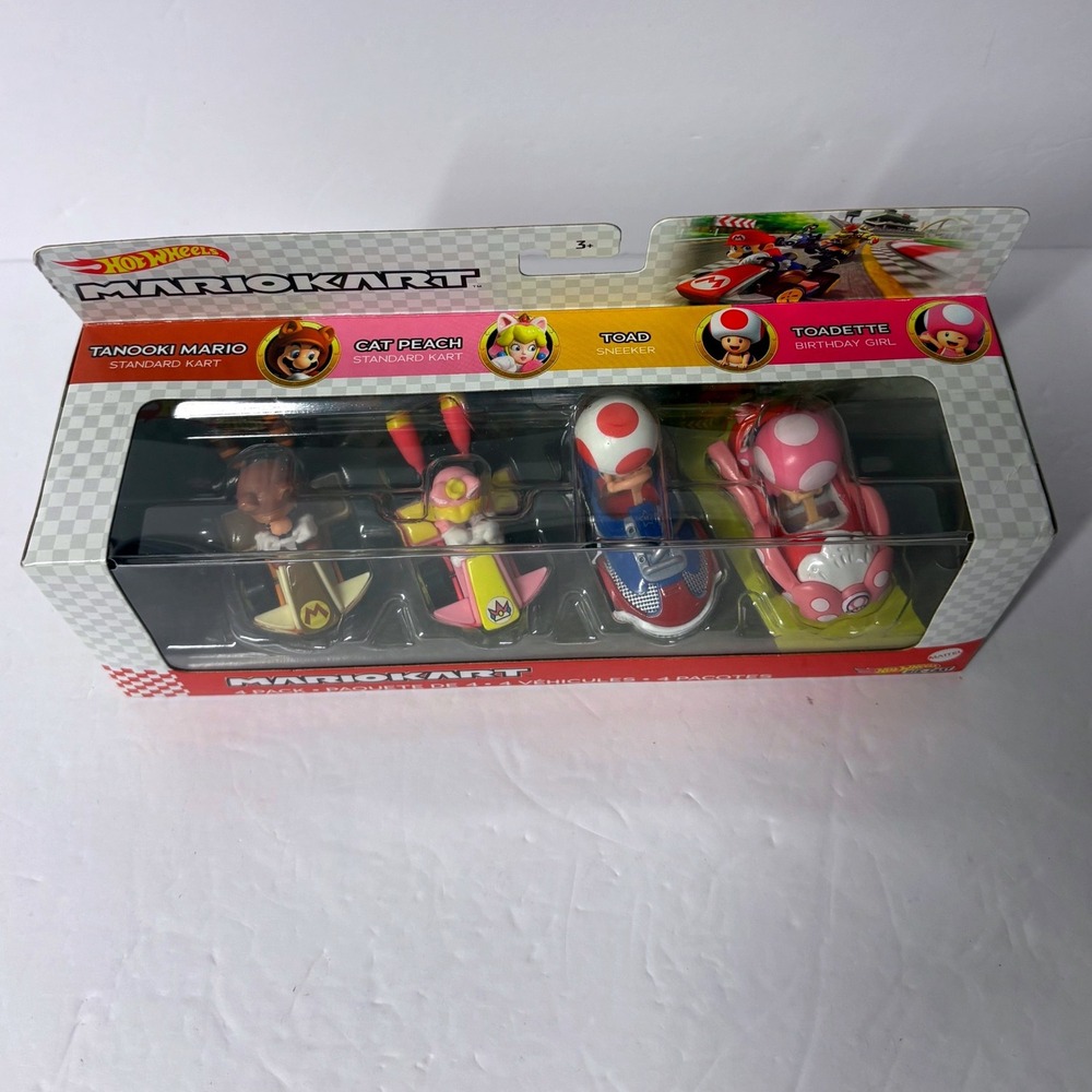 Hot Wheels Mario Kart 4 Pack Tanooki Mario Cat Peach Toad Toadette Die-Cast Set - Picture 3 of 5
